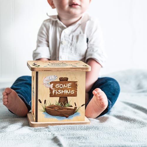 Wooden Piggy Bank for Kids and Adults, Personalized Gift Handmade in USA by BloomOwl, Custom Piggy Bank, Personalized Banks for Kids, Gifts for Baby Boys and Girls (Fishing)