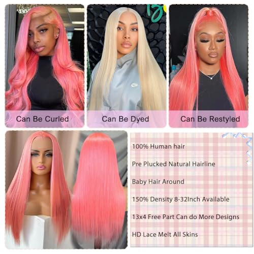 Pink Lace Front Wig Human Hair 20 Inch 13x4 Cotton Candy Pink Straight HD Lace Frontal Wig Human Hair Pre Plucked with Baby Hair Bubblegum Pink Lace Closure Human Hair Wig 150 Density for Women
