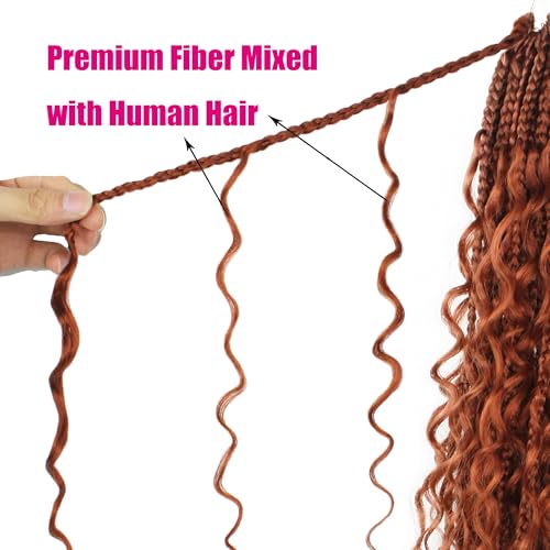 Boho Crochet Braids Human Hair Mixed 18 Inch Goddess Crochet Boho Box Braids with Human Hair Mixed Curls Ginger Color Bohemian Braids Crochet Hair for Black Women Human Hair(18Inch #350)