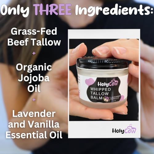 Beef Tallow For Skin - Whipped Tallow Balm with Organic Jojoba Oil, Grass Fed Beef Tallow Face Moisturizer for Eczema, Baby, Lip Balm - Lotion For Extremely Dry Skin (Lavender Vanilla)