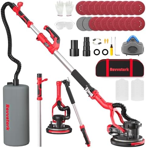 Drywall Sander, Electric Drywall Sander with Vacuum Dust Collection 7.33-Amp 880W, Floor Sanders 5 Variable Speed 1000-2100RPM with LED Light, 18Pcs Sanding Discs & 2Pcs Grid Sandpaper, Dust Mask—Red