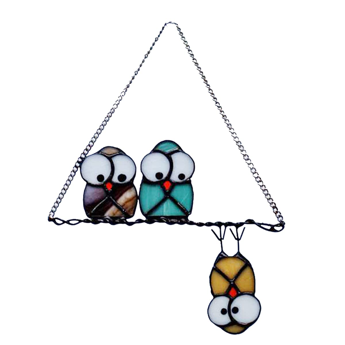 Multicolor Owls on a Wire Suncatcher Panel Stained Glass Window Hanging