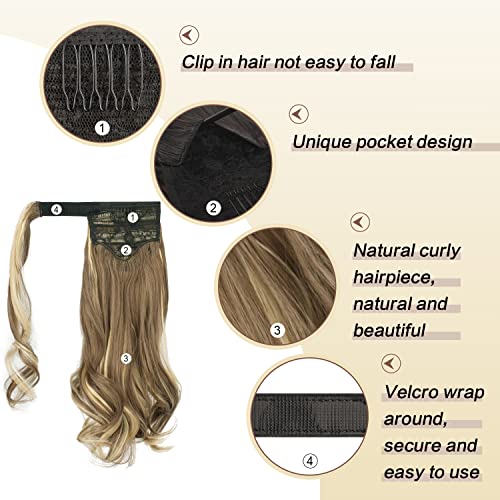 SOFEIYAN Curly Ponytail Extension 15 Inch Heat Resistant Synthetic Natural Wavy Hairpiece Wrap Around Pony Tail Hair Extensions for White Black Women Hair Piece, Ash Brown Highlighted Bleach Blonde
