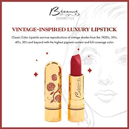 BESAME Red Lipstick 1920 Vintage Shade, Cool & Bright Strawberry Red with Blue Undertone, With Moisturizing Vitamin E, Satin Finish, Long-Lasting Lip-Stick Color, Blot for Matte Effect or Lip Stain