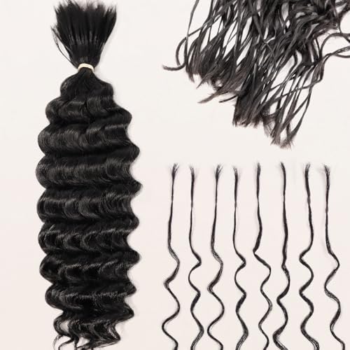 Pre-Divided Deep Wave Human Braiding Hair for Boho Braids Bulk Hair Pre-streached Human Braiding Hair Deep Wave For Black Women (Natural Black, 18 Inch - 80 Roots)
