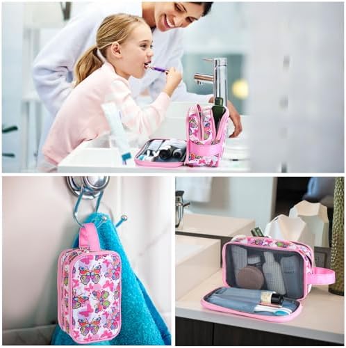 Kids Toiletry Bag for Girls, Travel Toiletry Bag for Little Young Girls Cosmetic Bag Makeup Bag Waterproof Hanging Wash Bag Toddler Toiletries, Butterfly Pink