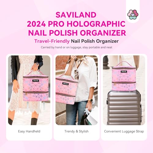 SAVILAND Nail Polish Organizer Bag: PU Leather Nail Polish Storage Organizer Holds 30 Bottles & Nail Lamp, Nail Polish Holder Travel Carrying Case Box Nail Tech Organizer Storage Bag for Nail Supplies