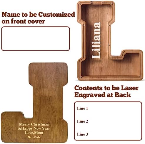 Summidate Customized Name Extra Large Wooden Piggy Bank for Kids Boys Girls Alphabets Letter A-Z Coins Bills Money Change Saving Box Clear Cover (Laser Engraved) Educational Toys 12"- Letter L