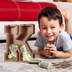 Summidate Customized Name Large Wooden Piggy Bank for Kids Boys Girls Alphabets Letter A-Z Coins Bills Money Change Bank Box Initial on Clear Cover (Laser Engraved) (Alphabet-K, Personalized-12)