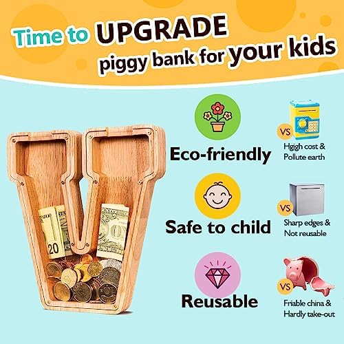 SummiDate Wooden Letter Piggy Bank| Piggy Bank for Boys Girls Toddler| Alphabet V Money Bank| Coin Bank Birthday Gift for Kids|Birthday Gift for Kids (V)