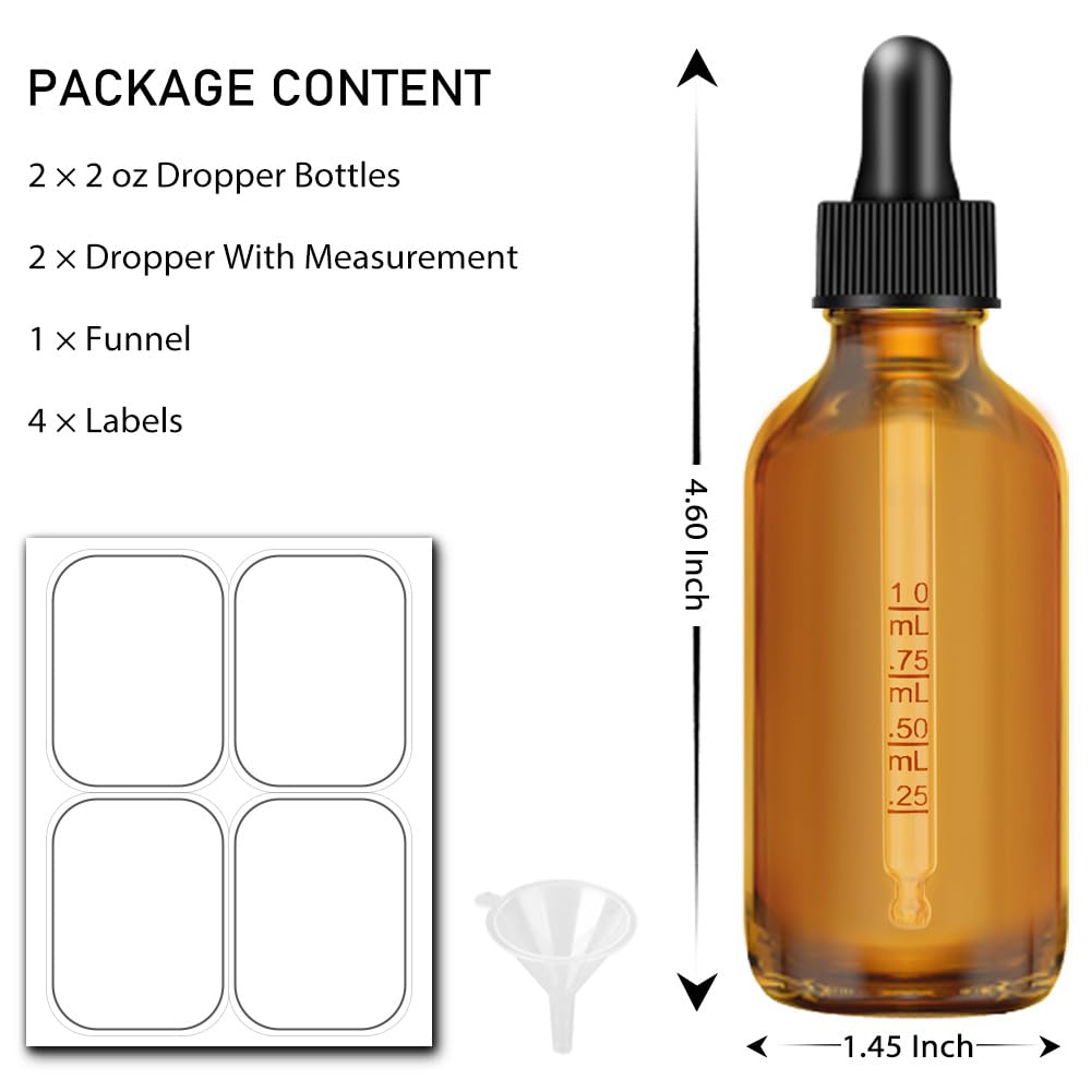 2 Pack Dropper Bottles 2 OZ, Amber Glass Bottle with Graduated Dropper