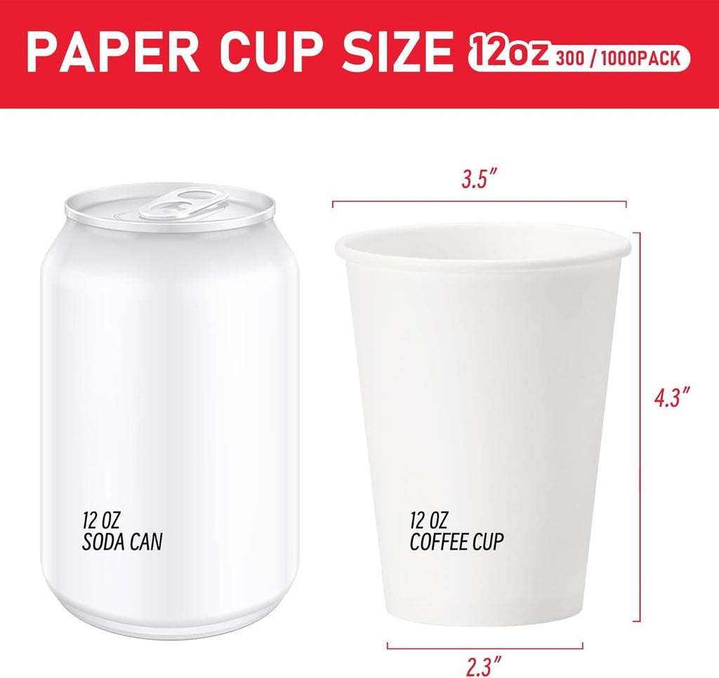 VPACKDUO 12 oz 300 Pack Paper Coffee Cups, Hot Paper Cups, Thickened Leak-Free White Disposable Coffee Cups for Hot and Cold Drinks