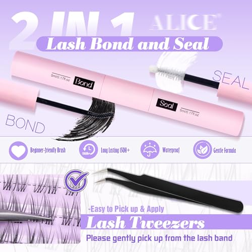 ALICE Cluster Eyelash Extension Kit Natural Wispy Lash Clusters Kit Lash Extension Kit Clear Band 168pcs C Curl 11-13mm Individual Lashes with Lash Glue Bond and Seal Self Application at Home