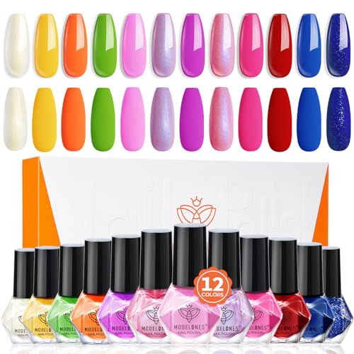 modelones Nail Polish Set, 12 Colors Summer Pink Red Blue Orange Quick Dry Mini Starter Kit, Long Lasting Art DIY Manicure Set at Home for Women Girls