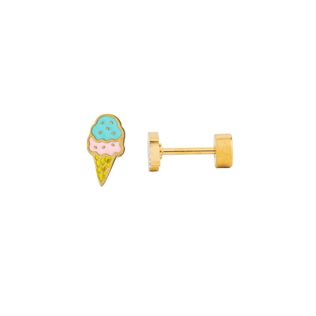 Pip Pop Ice Cream Flat Back Stud Earrings - Hypoallergenic, Gold PVD