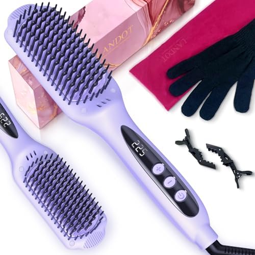LANDOT Hair Straightener Brush Heated Straightening Brush: Negative Ion Hot Hair Brush Straightener for Smooth Frizz-Free Hair - Dual Voltage Ceramic Straightening Brush