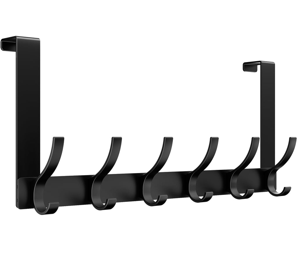 Optish Over The Door Hooks, Door Hanger Hooks for Hanging, Towel Racks for Bathroom with 12 Coat Hook, Coat Rack College Dorm Essentials Bathroom Accessories（1 Pack, Black）