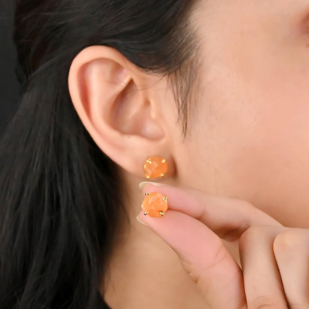 Gempires Raw Orange Carnelian Stud Earrings for Women, Gold Crystal