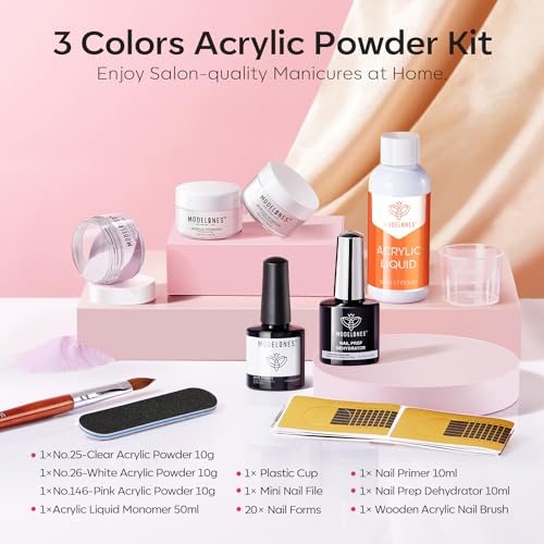 modelones Acrylic Nail Kit - Clear/White/Pink Acrylic Powder and Liquid Set with Acrylic Nail Brush, Nail Dehydrator and Primer, Starter Kit for Acrylic Nail Extension Beginners for Women Gifts
