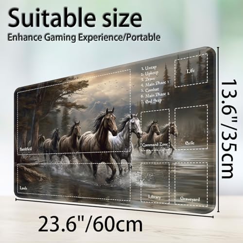 for MTG Game Playmat, for Magic TCG Rubber Play mat,Tabletop Card Playmats with Smooth Surface,Trading Card Inked Game Mat with Zones,Battle Game,Horses in River