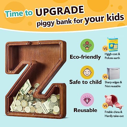 Summidate Customized Name Large Wooden Piggy Bank for Kids Boys Girls Alphabets Letter A-Z Coins Bills Money Change Bank Box Initial on Clear Cover (Laser Engraved) (Alphabet-Z, Personalized-12)