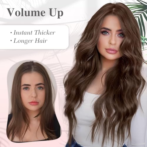 MORICA Halo Hair Extensions 20 Inch Medium Brown Invisible Wire Hair Extensions,Long Wavy Synthetic Hairpiece with Transparent Wire Adjustable Size, 4 Secure Clips for Women