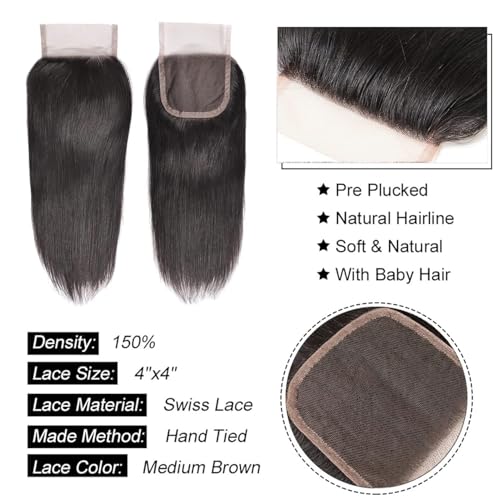 Liang Dian 16 Inch Human Hair Bundles Natural Color 4 Bundles With 14" Closure 12A Brazilian Virgin Hair 100% Unprocessed Straight Human Hair Bundles(16" 16" 16" 16" with 14" Closure)