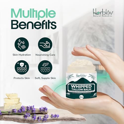 Beef Tallow Balm – Natural Grass Fed Whipped Tallow and Honey All Purpose Balm – Moisturizing Face and Body Lotion for Eczema, Cracked, Dry, Itchy, Irritated Skin – Skin Repair Made in USA (Lavender)