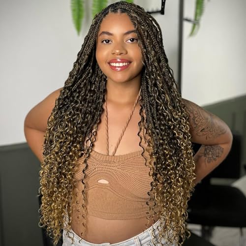 Goddess Box Braids Crochet Hair for Women 24 Inch 8 Packs Boho Crochet Box Braids with Curly Ends Bohemian Pre-looped Box Braids Crochet Braiding Hair Extensions(24inch,1B/27)