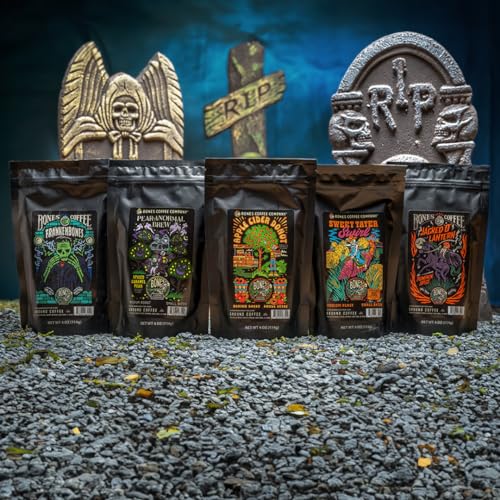 Bones Coffee Company Fall Flavors Sample Pack Gift Set, Medium Roast Ground Coffee Low Acid Flavored Coffee Beans (4 oz, Pack of 5)