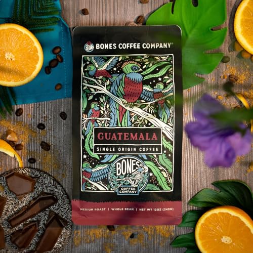 Bones Coffee Company Guatamela Single-Origin Coffee Beans, Whole Bean Coffee Medium Roast Gifts Low Acid Gourmet, Milk Chocolate, Citrus, Caramel Notes (12 oz)