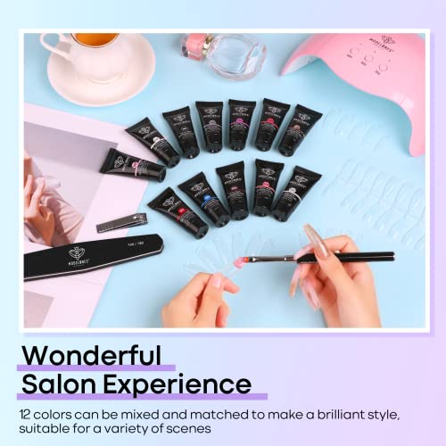 Modelones 12 Colors Poly Nail Extension Gel Kit Pink Black White Red Glitter Poly Nail Gel All Seasons Classic Colors Builder Nail Gel Set Holiday Manicure DIY Design Salon at Home Beauty Gifts