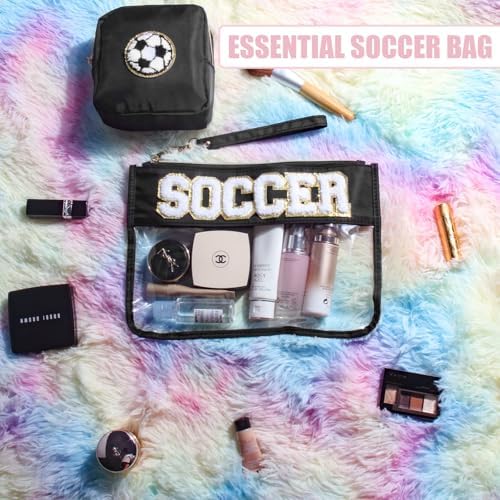 2 Pcs Soccer Gifts Makeup Bag with Chenille Letter Patch, Clear Cosmetic Pouch PVC Organizer Purse, Waterproof Travel Bag, Portable Toiletry Storage Bag for Her Girls Friends Women