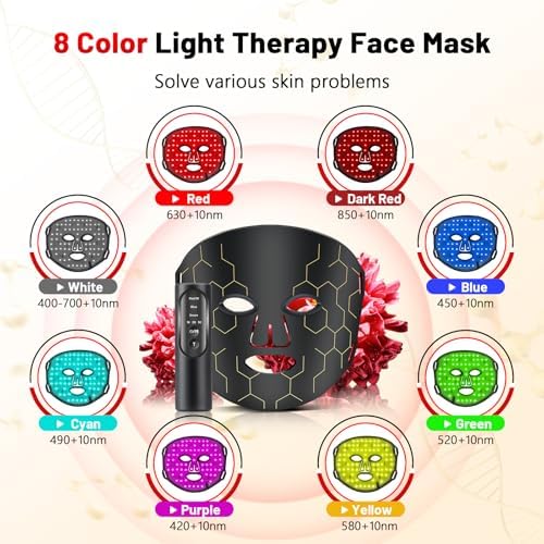 Red Light Therapy Mask for Face, 8-1 Colors Light Facial Skin Care Mask, Red Light Therapy Mask At Home, 660nm&850nm Infrared Light Therapy Device Mask With Timer Remote Control, Relife, Active