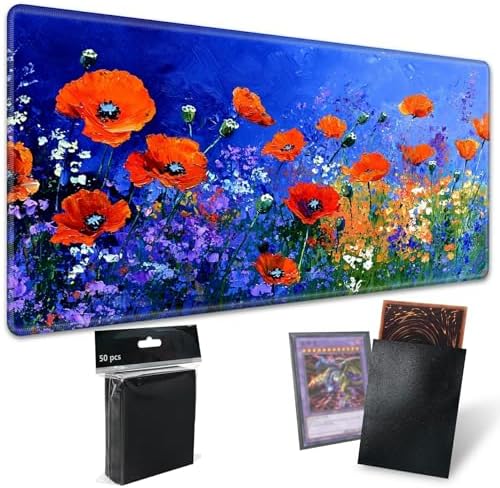 Playmats for Magic: The Gathering MTG Card Game Mat Plus 50 Pcs Card Sleeves, 24 x 14 inch TCG Mat with Stitched Edge for Commander Deck Duskmourn Board Game, Poppies and Wildflowers