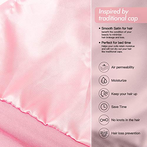 Silk Satin Lined Bonnet Sleep Cap - Adjustable Stay on All Night Hair Wrap Cover Slouchy Beanie for Curly Hair Protection for Women and Men - Black & Pink