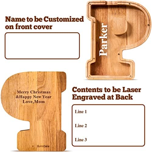Summidate Customized Name Large Wooden Piggy Bank for Kids Boys Girls Alphabets Letter A-Z Coins Bills Money Change Bank Box Initial on Clear Cover (Laser Engraved) (Alphabet-P, Personalized-9")