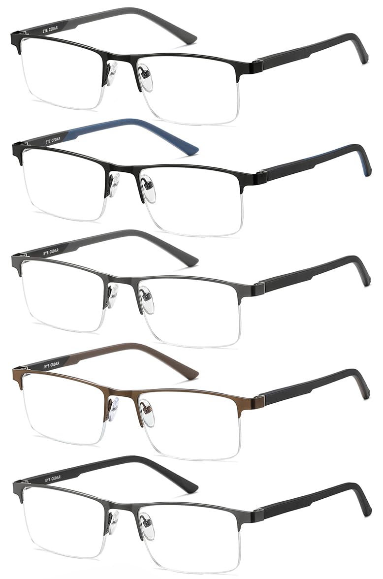 EYECEDAR 5 Pack Premium Blue Light Blocking Reading Glasses Men Metal Half Frame Spring Hinges Computer Readers for Men and Women 1.75