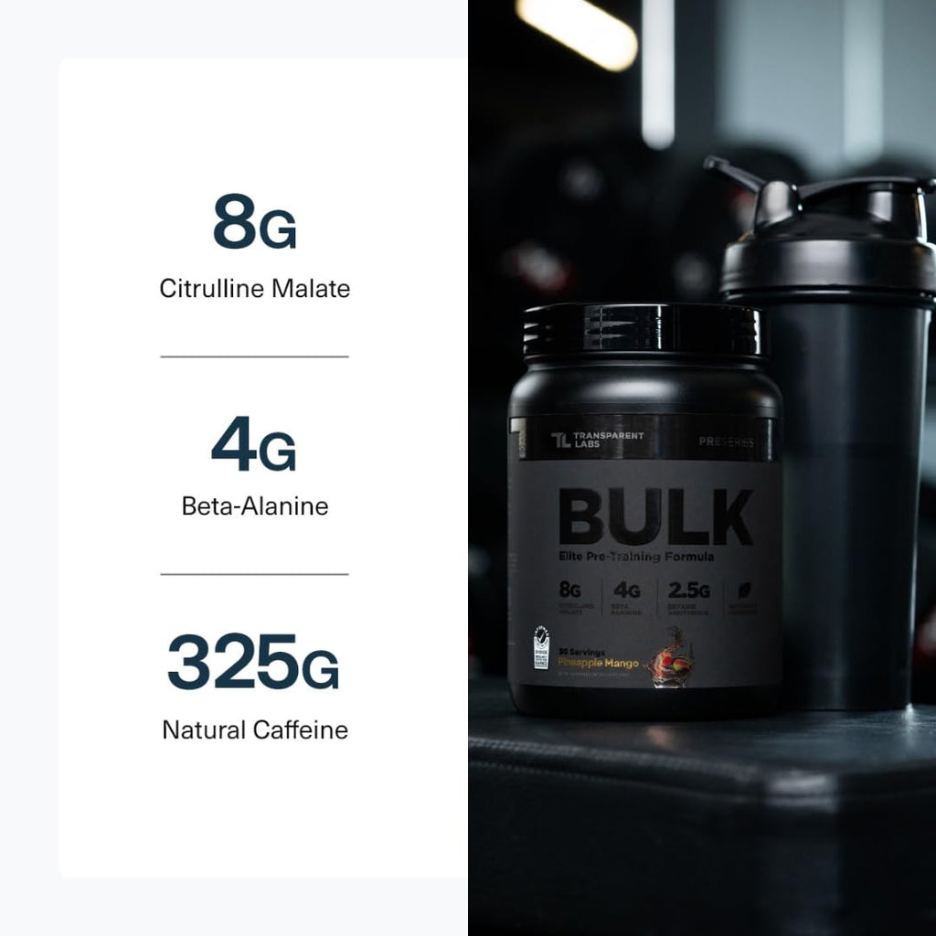 Transparent Labs Bulk Black Pre Workout - Clinically Dosed, Naturally Sweetened Preworkout for Men and Women with Beta Alanine Powder, Citrulline Malate, & Caffeine- 30 Servings, Blue Raspberry