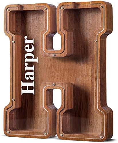 Summidate Customized Name Extra Large Wooden Piggy Bank for Kids Boys Girls Letter A-Z Coins Bills Money Change Bank Box Clear Cover (Laser Engraved) Educational Toys 12"- Letter H