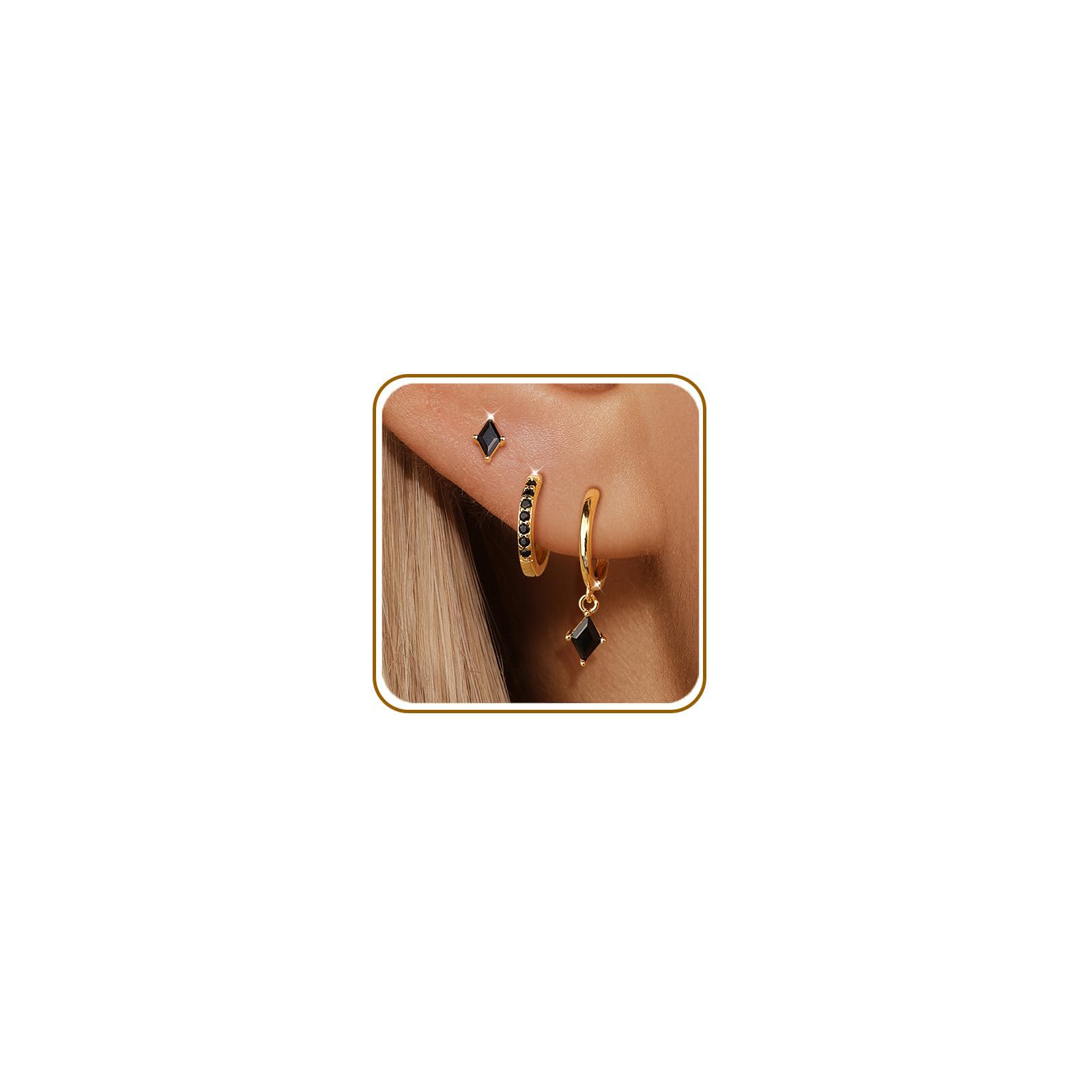 3 Pairs Black CZ Hoop Earrings for Women, Huggie Dangle Stud Set