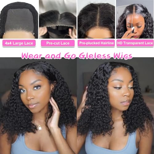 Wear and Go Glueless Wigs Human Hair Pre Plucked Pre Cut Deep Wave Curly Bob Wig Human Hair Lace Front Wigs for Black Women 4x4 Lace Closure Human Hair Bob Wigs Glueless 8 Inch