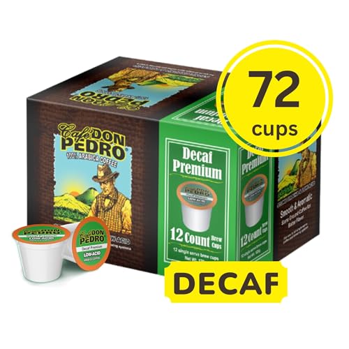 Cafe Don Pedro Decaf Premium Low Acid Coffee Pods For Keurig K-cup - Enjoy Tasty Coffee For Sensitive Stomach - 12 Low Acid Coffee K cups 100% Arabica, Stone Ground