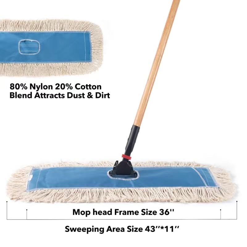 Matthew Cleaning 36'' Industrial Strength Cotton Dust Mop Refill Washable Replacement Heads for Residential & Commercial Use Fit Standard Dust Mop Frames, Hardwood, Concrete Floors Blue&White 6 Pack