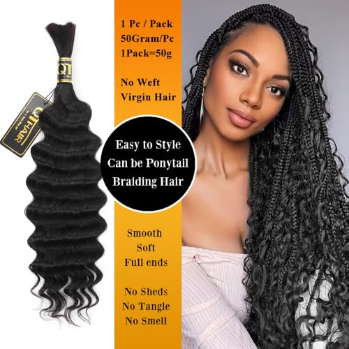 Deep Wave Bulk Hair for Braiding 16A Deep Water Wave Bulk Human Hair for Braiding Brazilian Virgin Curly Human Hair 24 Inch 50g Curly Braiding Hair for Boho Braids Micro Twist