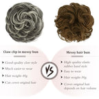 RUWISS Claw Clip Messy Bun Hair Piece Real Human Hair Buns Wavy Curly Chignon Hair Bun Extensions Tousled Updo Hair Buns Claw Clip Ponytail for Women (Black mix Gray and Platinum Blonde Tips)