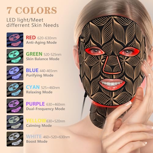 Led Face Mask Light Therapy,Red Light Therapy for Face and Neck,7 Colors LED Facial Skin Care Mask,5 Level Brightness Adjustment,309 LED Beads Can Be Used at Home,Black Gold