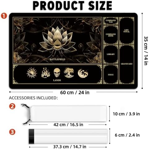 MTG Playmat with Play Zones – Magic Play mat Card Game Mat for Magic The Gathering, Lotus & Basic Lands Design, 24x14 inch, Stitched Edge, Non-Slip Base with Prismatic Playmat Tube-Gold Lotus