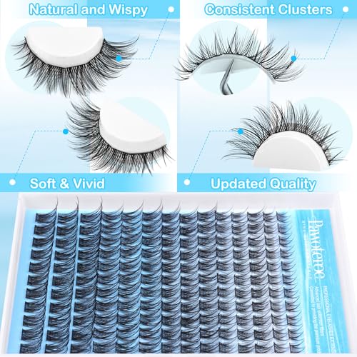 Pawotence Lash Clusters Kit Wispy Lash Extension Kit 8-16mm Natural Cluster Eyelash Extension Kit Individual Lashes 154pcs C Curled Eyelash Clusters with Lash Bond and Seal, Lash Tweezers for Self Use