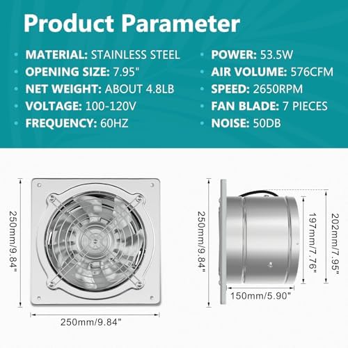 HG Power 8 Inch Kitchen Exhaust Fan, 576CFM Metal Attic Exhaust Fan, Wall Mounted Garage Ventilation Fan, Basement Extractor Fans with Backdraft Damper for Home Office Commercial Use, Silver